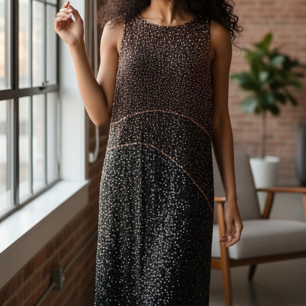 Vintage Black Silk Dress Hand Embellished in Copper & Black Beads | Size 14